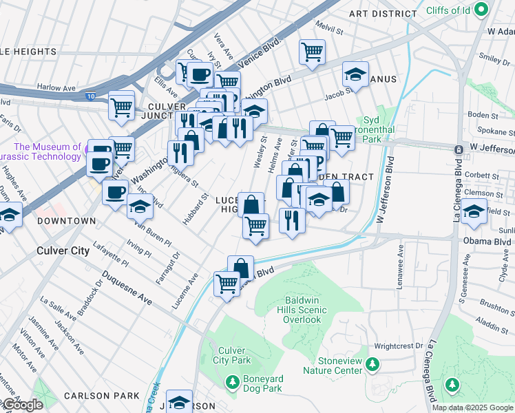 map of restaurants, bars, coffee shops, grocery stores, and more near 3643 Helms Avenue in Culver City