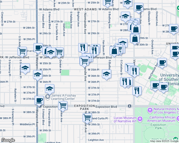 map of restaurants, bars, coffee shops, grocery stores, and more near 1355 West 36th Street in Los Angeles
