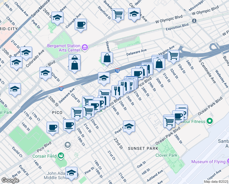 map of restaurants, bars, coffee shops, grocery stores, and more near 2428 Kansas Avenue in Santa Monica