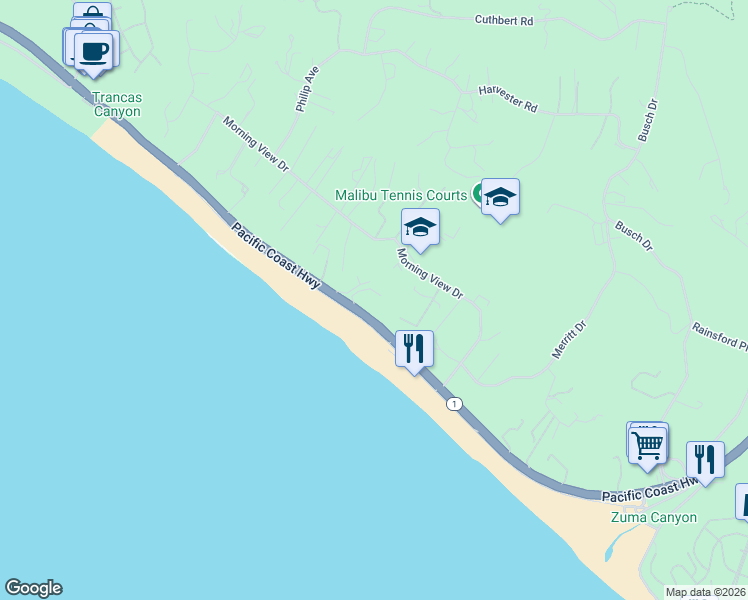 map of restaurants, bars, coffee shops, grocery stores, and more near 30181 Pacific Coast Highway in Malibu