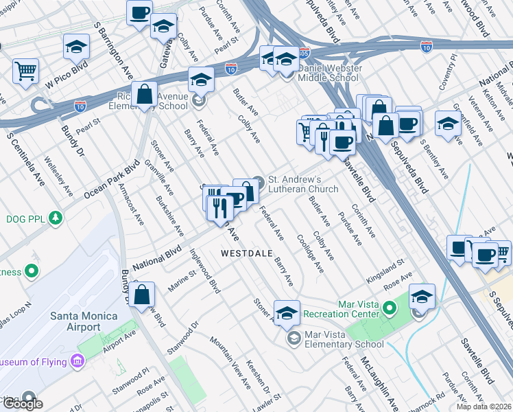 map of restaurants, bars, coffee shops, grocery stores, and more near 11600 National Boulevard in Los Angeles