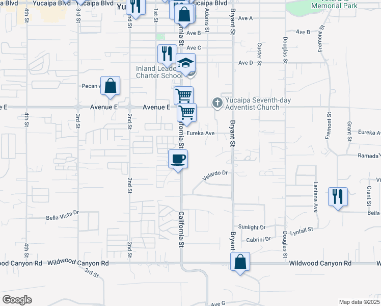map of restaurants, bars, coffee shops, grocery stores, and more near 12687 California Street in Yucaipa