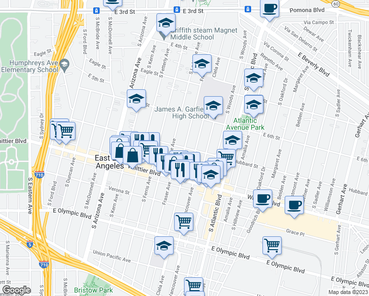 map of restaurants, bars, coffee shops, grocery stores, and more near Fraser Avenue in East Los Angeles