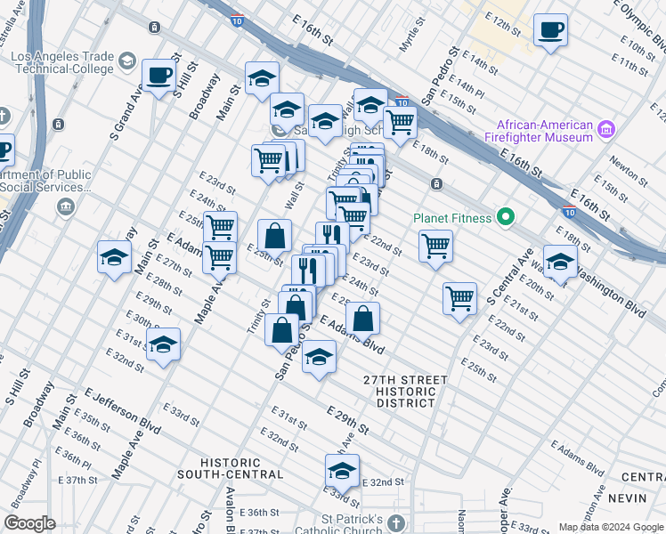 map of restaurants, bars, coffee shops, grocery stores, and more near 2 San Pedro Street in Los Angeles