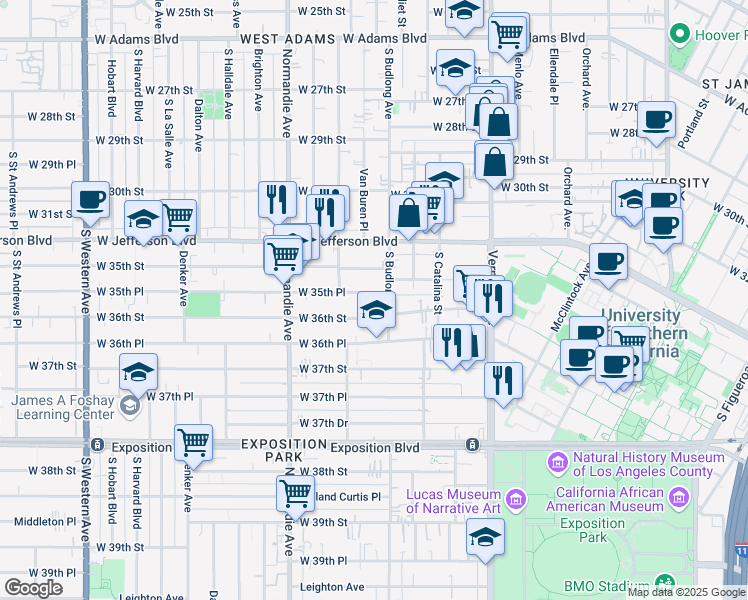 map of restaurants, bars, coffee shops, grocery stores, and more near 1266 West 35th Place in Los Angeles