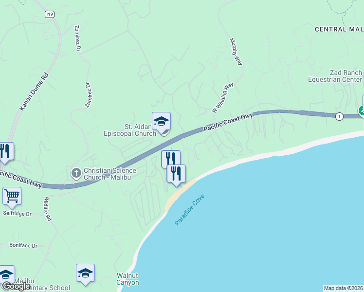 map of restaurants, bars, coffee shops, grocery stores, and more near 71 Paradise Cove Road in Malibu