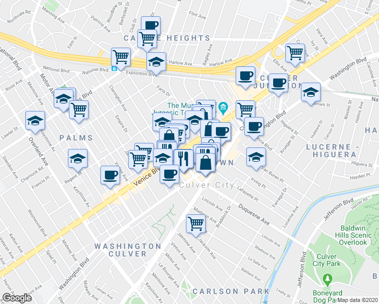 map of restaurants, bars, coffee shops, grocery stores, and more near 3824 Hughes Avenue in Culver City