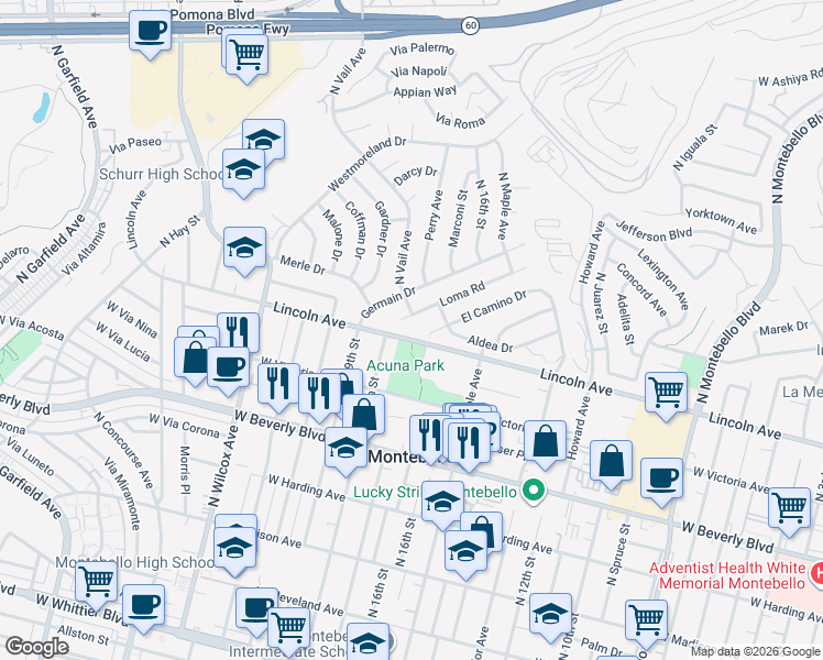 map of restaurants, bars, coffee shops, grocery stores, and more near 1718 El Camino Drive in Montebello