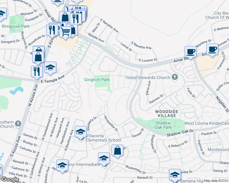 map of restaurants, bars, coffee shops, grocery stores, and more near 1910 East Woodgate Drive in West Covina