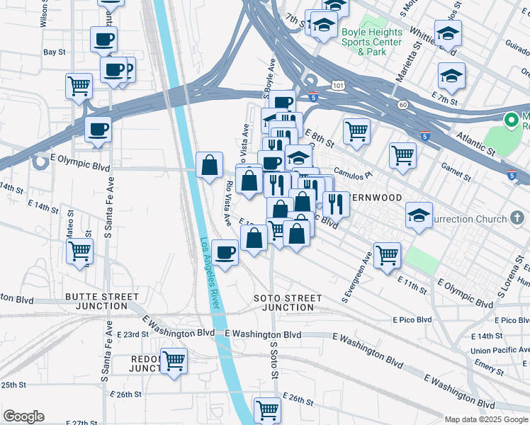 map of restaurants, bars, coffee shops, grocery stores, and more near 2501-2699 East 12th Street in Los Angeles