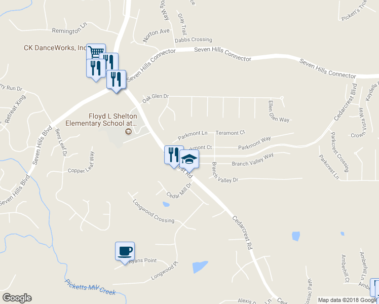 map of restaurants, bars, coffee shops, grocery stores, and more near 125 Parkmont Court in Dallas