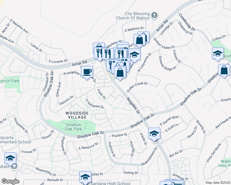 map of restaurants, bars, coffee shops, grocery stores, and more near 2445 East Gloria Street in West Covina