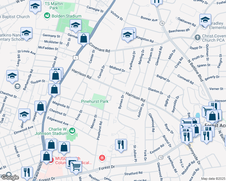 map of restaurants, bars, coffee shops, grocery stores, and more near 38 Delane Drive in Columbia