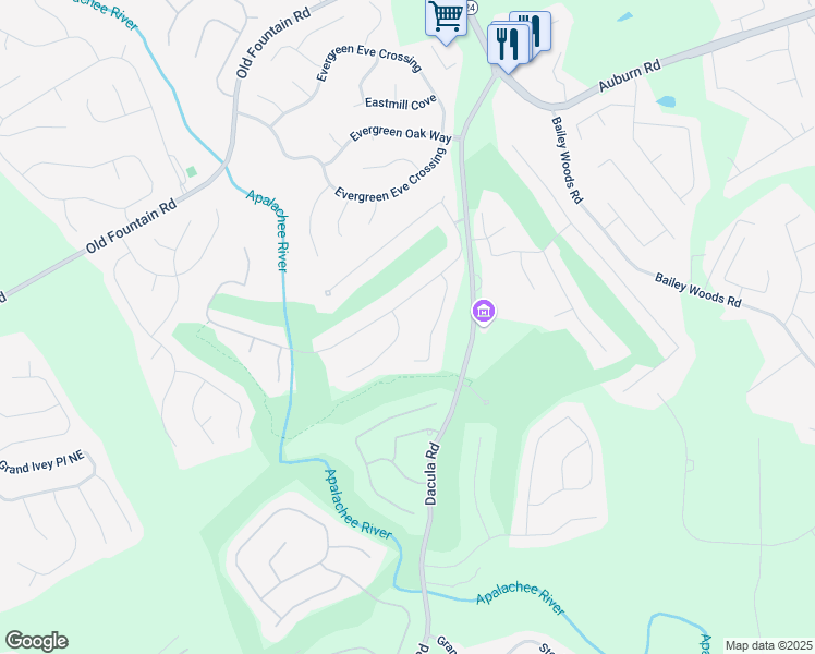 map of restaurants, bars, coffee shops, grocery stores, and more near 777 Glen Valley Way in Dacula