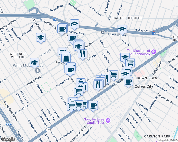 map of restaurants, bars, coffee shops, grocery stores, and more near 3655 Motor Avenue in Los Angeles