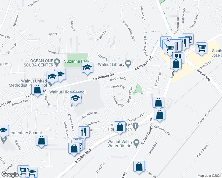 map of restaurants, bars, coffee shops, grocery stores, and more near 325 Woodcrest Way in Walnut