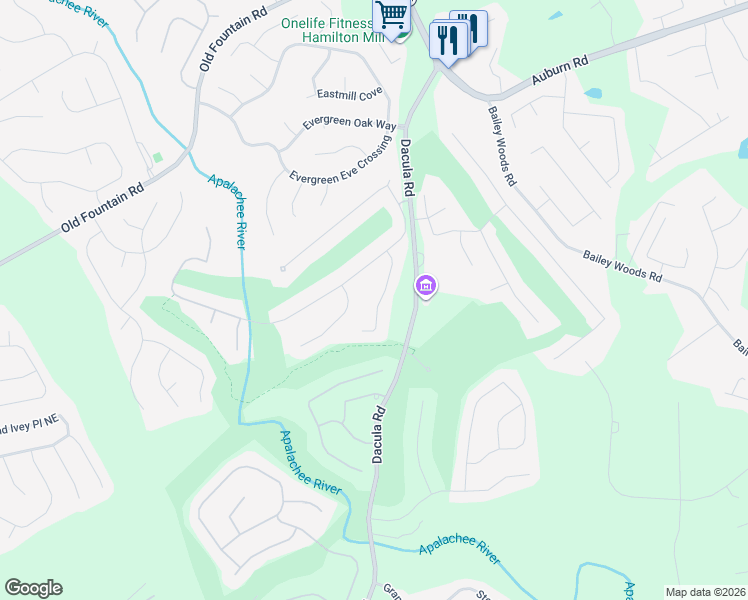 map of restaurants, bars, coffee shops, grocery stores, and more near 698 Timber Ives Drive in Dacula