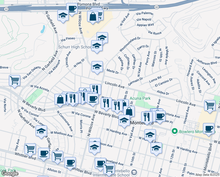 map of restaurants, bars, coffee shops, grocery stores, and more near 612 North 21st Street in Montebello