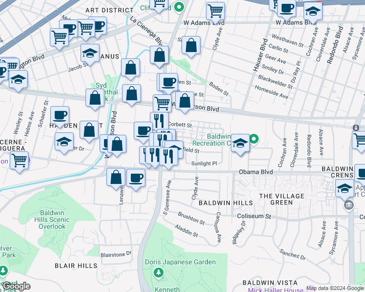 map of restaurants, bars, coffee shops, grocery stores, and more near 5735 Bowesfield Street in Los Angeles