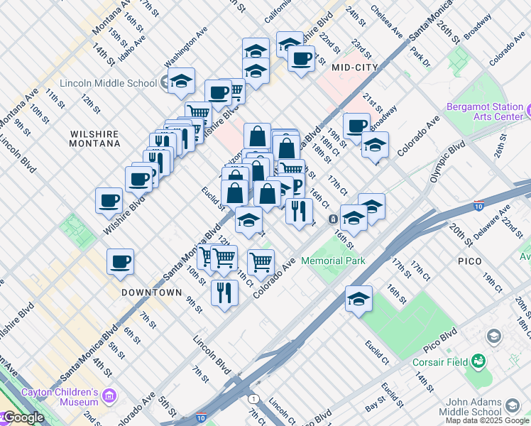 map of restaurants, bars, coffee shops, grocery stores, and more near 1433 14th Street in Santa Monica