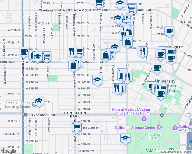 map of restaurants, bars, coffee shops, grocery stores, and more near 1270 West 35th Place in Los Angeles