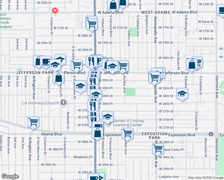 map of restaurants, bars, coffee shops, grocery stores, and more near 1615 West 36th Street in Los Angeles