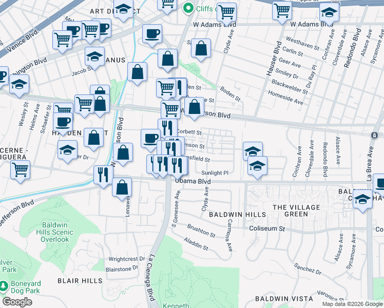 map of restaurants, bars, coffee shops, grocery stores, and more near 5735 Bowesfield Street in Los Angeles