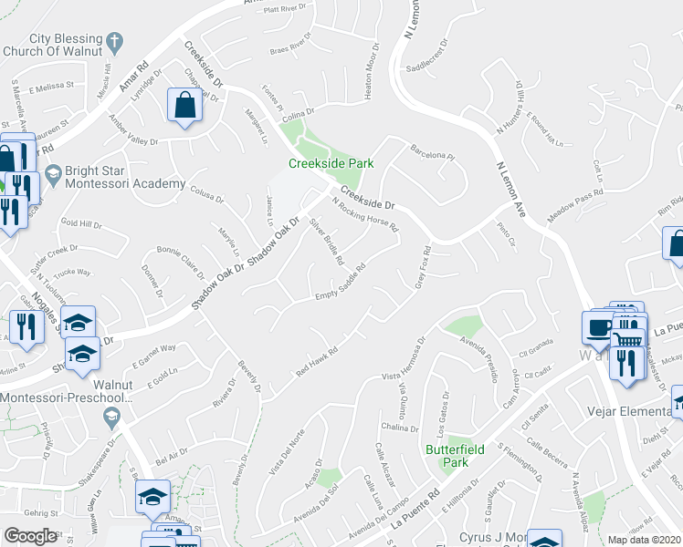 map of restaurants, bars, coffee shops, grocery stores, and more near 611 Silver Bridle Road in Walnut