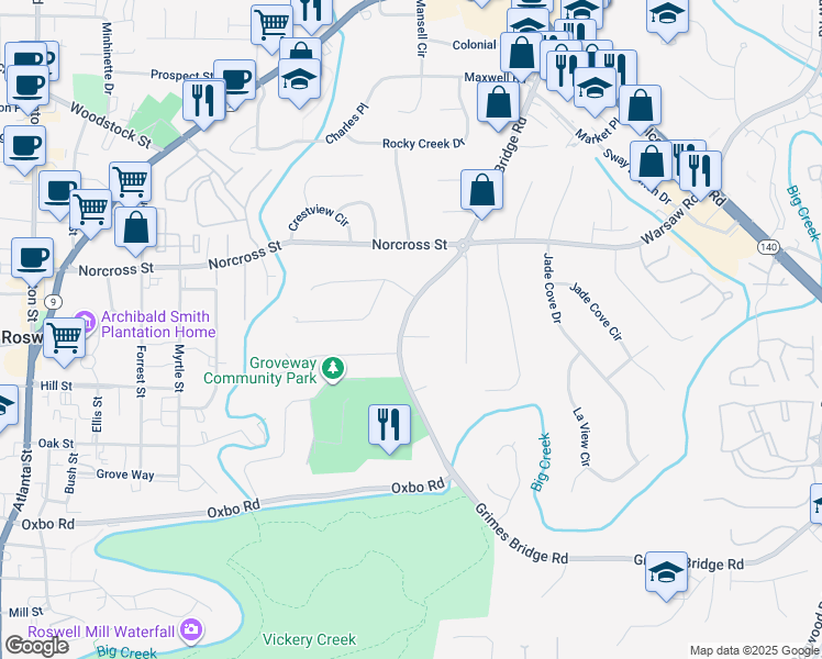 map of restaurants, bars, coffee shops, grocery stores, and more near 505 Brentwood Court in Roswell