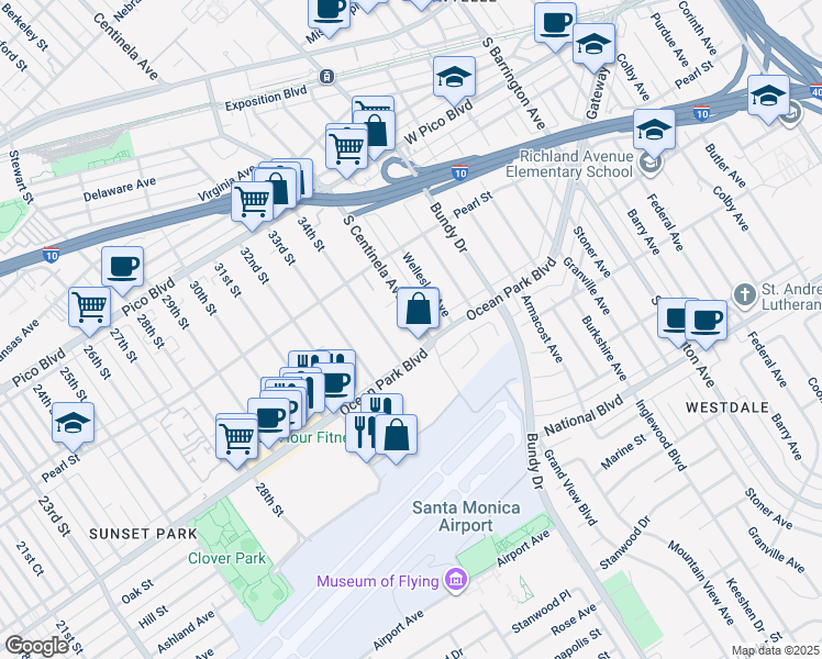 map of restaurants, bars, coffee shops, grocery stores, and more near 2677 South Centinela Avenue in Santa Monica