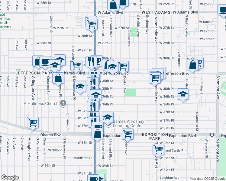 map of restaurants, bars, coffee shops, grocery stores, and more near 1608 West 35th Place in Los Angeles