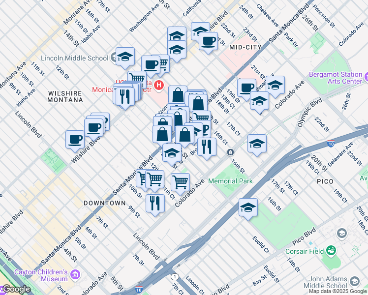 map of restaurants, bars, coffee shops, grocery stores, and more near in Santa Monica