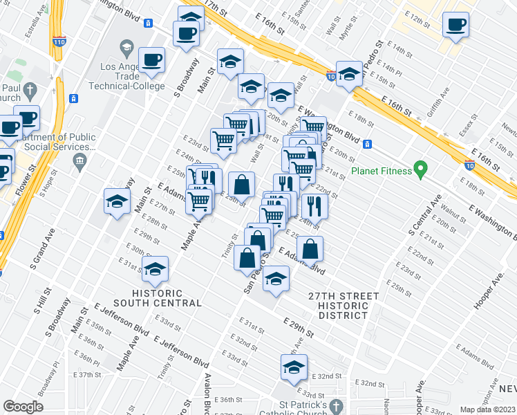 map of restaurants, bars, coffee shops, grocery stores, and more near 613 East 25th Street in Los Angeles
