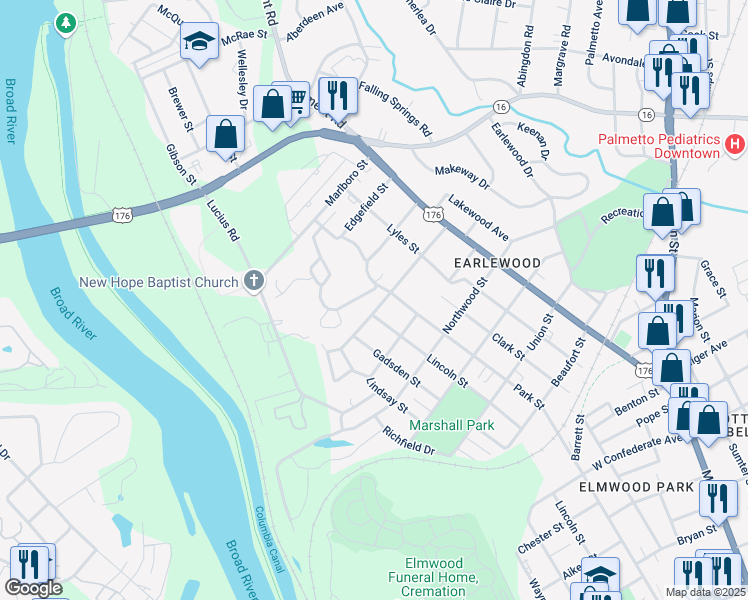 map of restaurants, bars, coffee shops, grocery stores, and more near 727 Darlington Street in Columbia
