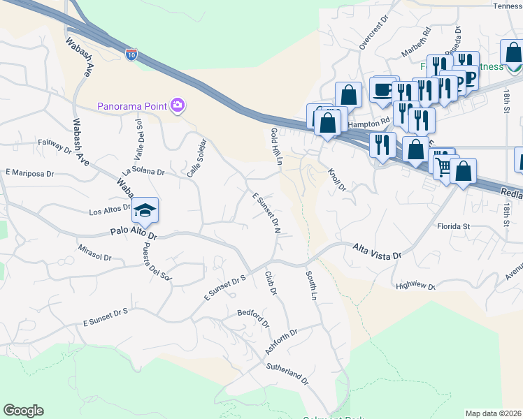 map of restaurants, bars, coffee shops, grocery stores, and more near 31027 East Sunset Drive North in Redlands