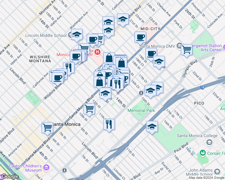 map of restaurants, bars, coffee shops, grocery stores, and more near in Santa Monica