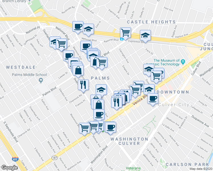 map of restaurants, bars, coffee shops, grocery stores, and more near 3655 Motor Avenue in Los Angeles