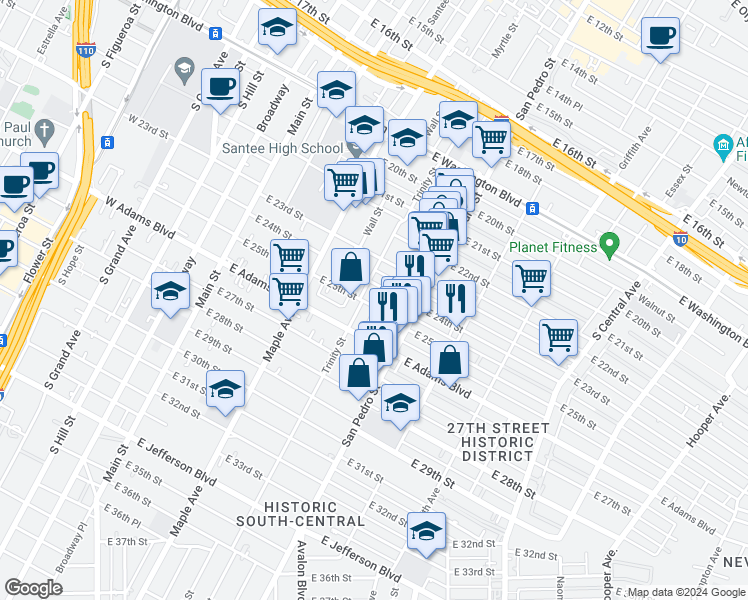 map of restaurants, bars, coffee shops, grocery stores, and more near 613 East 25th Street in Los Angeles