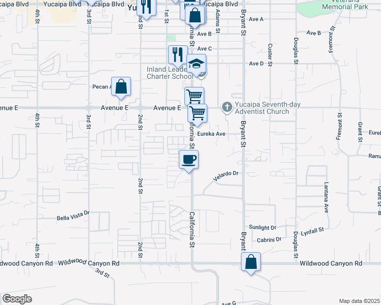 map of restaurants, bars, coffee shops, grocery stores, and more near 12704 California Street in Yucaipa