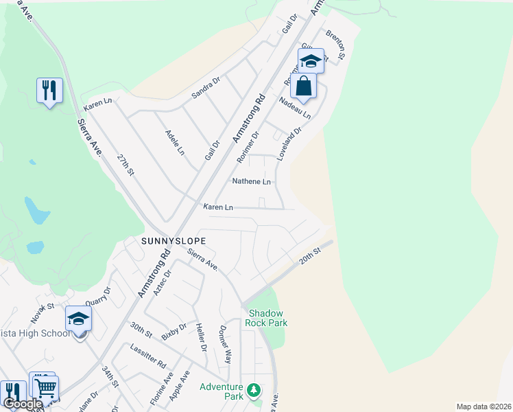 map of restaurants, bars, coffee shops, grocery stores, and more near 6600 Karen Lane in Riverside