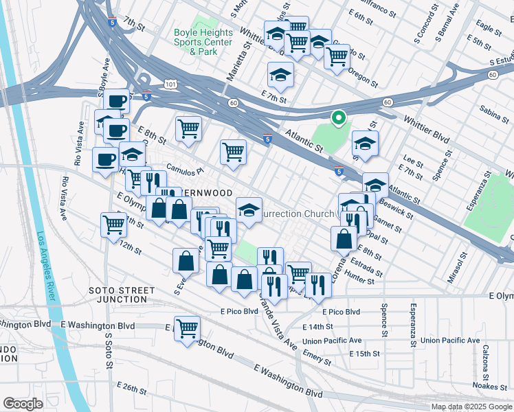 map of restaurants, bars, coffee shops, grocery stores, and more near 3106 Lydia Drive in Los Angeles