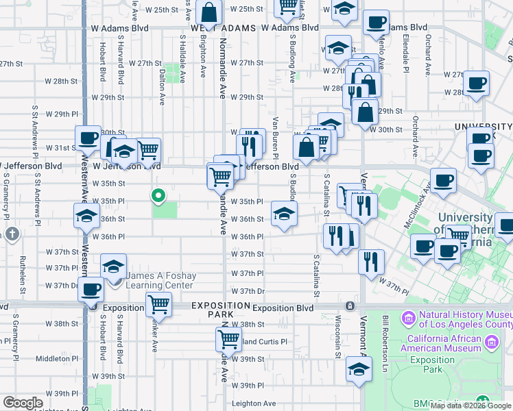 map of restaurants, bars, coffee shops, grocery stores, and more near 1301 West 36th Street in Los Angeles