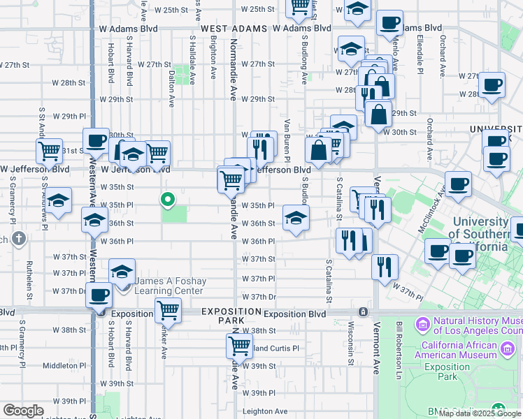 map of restaurants, bars, coffee shops, grocery stores, and more near 1338 West 35th Place in Los Angeles