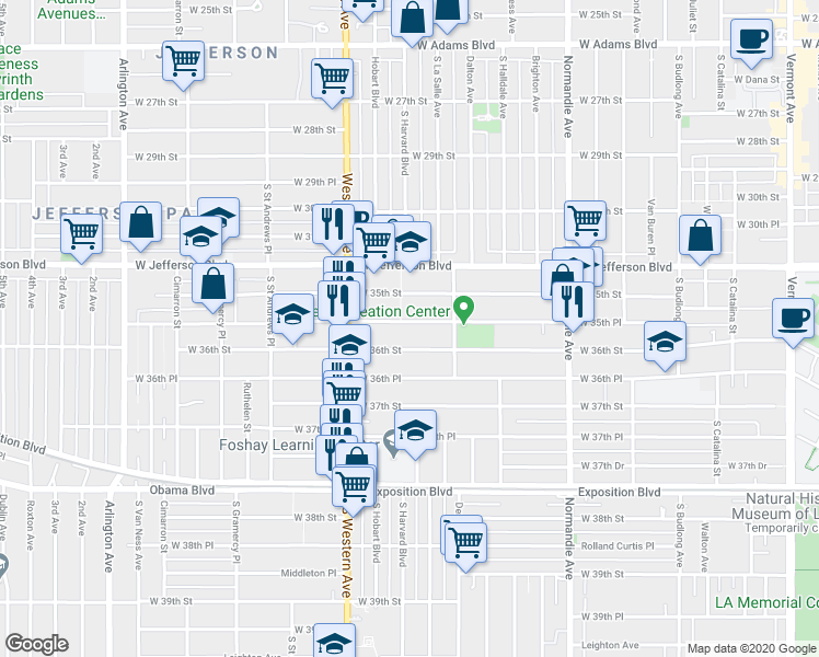 map of restaurants, bars, coffee shops, grocery stores, and more near 1615 West 36th Street in Los Angeles