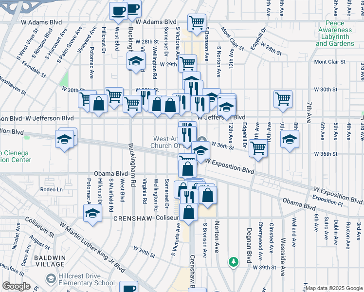 map of restaurants, bars, coffee shops, grocery stores, and more near 3625 South Victoria Avenue in Los Angeles