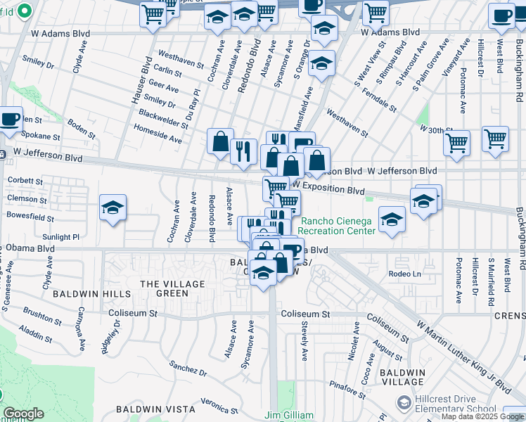 map of restaurants, bars, coffee shops, grocery stores, and more near 3507 South La Brea Avenue in Los Angeles