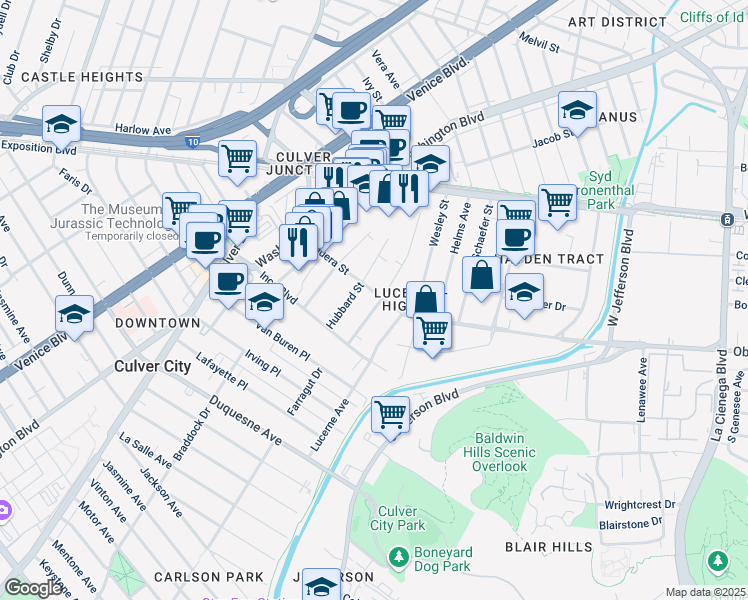 map of restaurants, bars, coffee shops, grocery stores, and more near 9025 Carson Street in Culver City