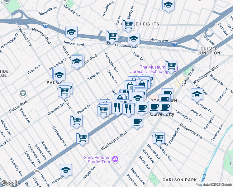 map of restaurants, bars, coffee shops, grocery stores, and more near 3742 Jasmine Avenue in Los Angeles