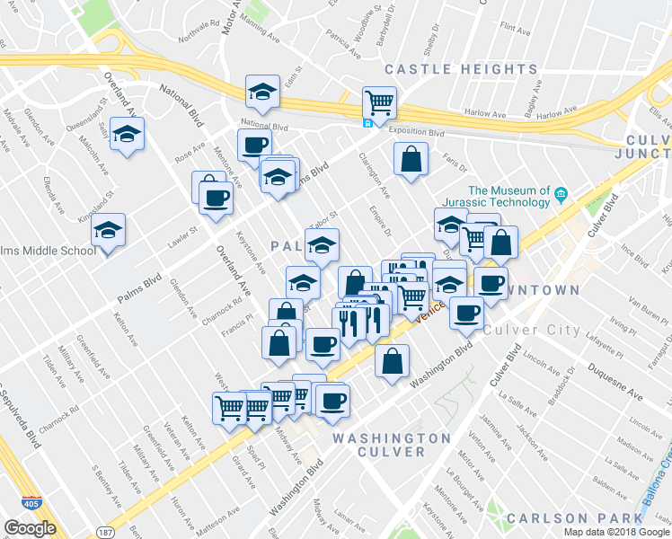 map of restaurants, bars, coffee shops, grocery stores, and more near 3690 Motor Avenue in Los Angeles