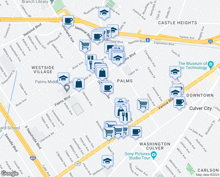 map of restaurants, bars, coffee shops, grocery stores, and more near 3614 Overland Avenue in Los Angeles